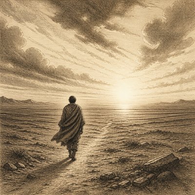 a solitary figure walking toward a glowing horizon across an empty plain, moody atmosphere, no text or lettering