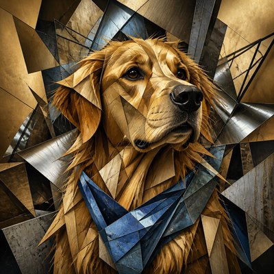 portrait of a golden retriever wearing a blue bandana, warm plain backdrop, no text