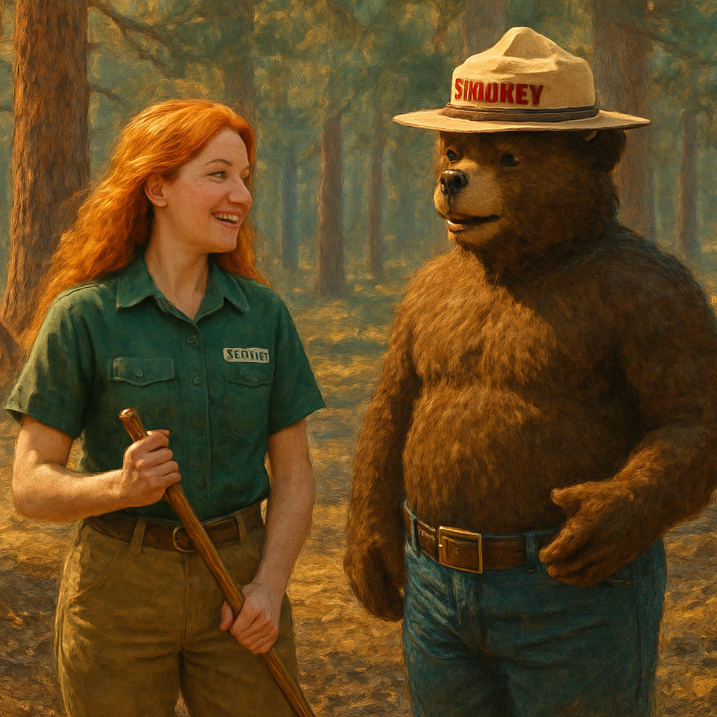 A highly detailed photograph of a cheerful female Camp Host with long, flowing red hair, wearing a forest green uniform shirt and khaki pants. She is standing in the San Juan National Forest and is holding a wooden rake. She is engaged in a friendly conversation with Smokey the Bear. The forest setting features large Ponderosa pine trees with orange bark and the ground is covered in a layer of pine needles and raked debris, illustrating fire prevention efforts. The lighting is soft, natural daylight filtering through the trees, giving a warm and encouraging tone. Focus on realistic texture for the uniform, hair, and pine needles.