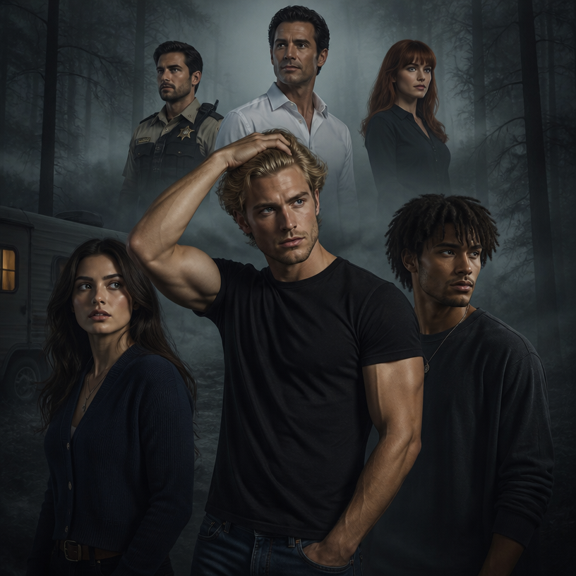 Ok tu me fait 7 personnages de roman , on va commencer avec un homme dans la trentaine tres beau il est blond, il passe sa main dans ses cheveux, on voit le biceps il est en T-shirt avec un jean à côté de lui, il se trouve un autre mec métisse hyper séduisant a sa gauche , lui aussi décontracté. Ensuite, je veux qu’à droite tu me dessines une femme dans la vingtaine, très magnifique aussi brune, habillé un peu en mode pull color jean elle a genre un collier etc. Tres yong adulte en hauteur derrière eux. Donc pas vraiment genre sur le sol, c’est plus une image de tous les persos comme un roman un policier dans les 30 ans, et alors là je veux que tu m’écoutes un autre homme à peu près la 40, les cheveux noirs un peu gris bouclé, sur les côtés, il a pas de lunettes il est en chemise, on dirait un peu un maire de la ville un daddy pas de barbe, pas de moustache. Il a l’air pas gros, mais pas maigre. Juste un air de Daddy. Et enfin un troisième personnage, une femme dans la trentaine quarantaine avec une frange qui a l’air d’être un peu secrétaire ou je sais pas quoi elle est rousse. Une ambiance assez froide avec un brouillard glaçant autour de une forêt, un caravane je sais pas une ambiance vraiment inquiétante et vraiment je veux une ambiance comme si on parlait d’un roman genre les trois personnes en haut, ils sont petits enfin ils sont représentés en plus petit que les trois les mais ils sont genre en haut, tu vois genre, on voit pas leurs gens et etc. comme une affiche en gros ils sont pas genre sur une montagne les trois premiers personnages, ils sont vraiment sur le sol quoi genre, on voit pas le sol, mais on voit qu’ils sont les uns derrière les autres la fille à gauche le mec noir à droite le blond devant il regarde tous faire un point fixe comme si il courait ou je sais pas le policier, je veux qu’il soit pas comme les autres, genre un policier avec une barbe, les cheveux noirs mais le mien, et le daddy je ne veux en aucun cas qu’il est les cheveux gris, j’ai bien dit les cheveux noirs assez milong bouclé pour te donner un autre idée, je veux qu’il ressemblepour te donner un autre idée, je veux qu’il ressemble à tom loftis de widow’s bay je veux vraiment que le maire comme je l’ai dit, il soit vraiment une ambiance décrivant pas un homme sérieux qui cherche l’ambition du pouvoir ou je sais pas quoi genre vraiment une une chemise démodé voilà quoi tu vois ce que je veux dire une ambiance vraiment écrivain un peu et le policier, je veux qu’il soit en uniforme de shérif. Et le métisse peut être des locks quelque chose qui le rend nique pas des comme tout le monde, je sais pas moi des wave en afro, peu importe et la fille en fait finalement je veux qu’elle ait genre un cardigan noir ou bleu