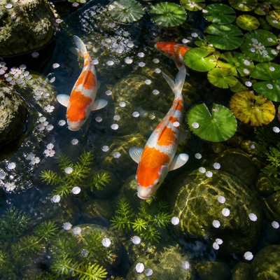 A koi pond seen from above, orange and white koi fish swimming among lily pads, clear water with subtle ripples, fallen cherry blossom petals floating on the surface, dappled sunlight