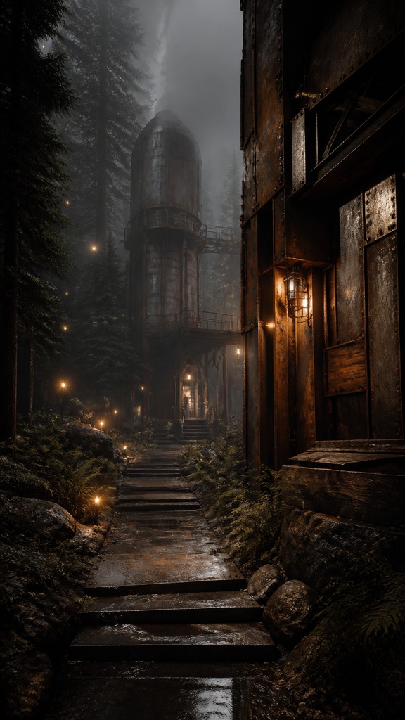 a mysterious forest path with fireflies and drifting mist, atmospheric vertical composition with open space at the top, no text