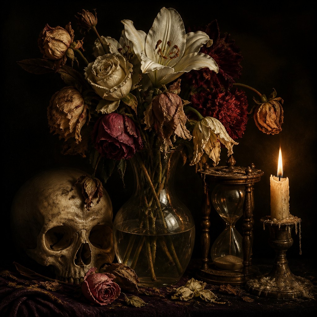 bouquet of flowers in a glass vase — Memento Mori Art Style