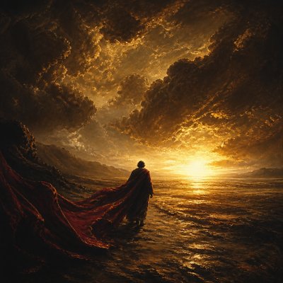 a solitary figure walking toward a glowing horizon across an empty plain, moody atmosphere, no text or lettering