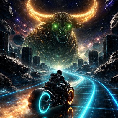 Neon-Futurism Digital Art Style, Bioluminescent Sci-Fi Cosmic Setting, Monolithic Scale. A perspective shot from behind the rider, looking toward a massive obstacle course in deep space.

The Rider & Bike Consistency: The lone motorcyclist—wearing the same sleek armored suit and helmet—is navigating the hubless "light-cycle" sportbike. The cyan and orange neon rings of the wheels reflect off the floating crystalline surfaces surrounding the road.

The Path (The Labyrinth): The glowing blue laser-grid highway enters a colossal asteroid field where the rocks are perfectly geometric, hovering like floating obsidian city blocks. The path winds through these monoliths, creating a "Cosmic Labyrinth."

The Taurus Presence: Standing at the center of this labyrinth, spanning across the highway, is the monumental form of the Celestial Bull. He is composed of dense, glowing emerald and earth-toned circuitry. His massive, forward-curving horns are made of solid, brilliant starlight and form a natural "archway" that the highway passes beneath.

The Atmosphere: The scene feels grounded and powerful. The deep greens and golds of the Taurus figure contrast with the dark, heavy shadows of the geometric asteroids.

Lighting: The "starlight horns" cast a warm, heavy glow downward onto the rider, illuminating the dust of crushed nebulae kicked up by the bike’s tires.
