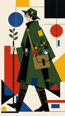full-body original character: a wandering botanist with a satchel of plants, a patched green cloak, tall boots and round glasses, neutral background