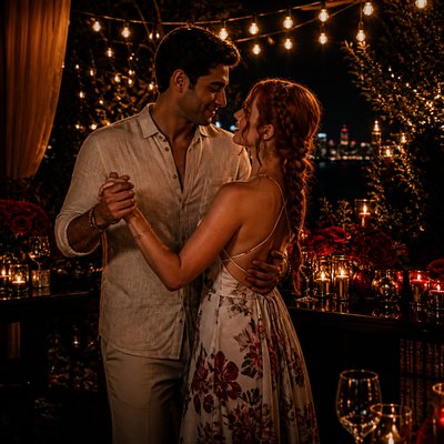 an original couple dancing under string lights in a garden at dusk: a man with short black hair in a linen shirt and a woman with braided red hair in a summer dress