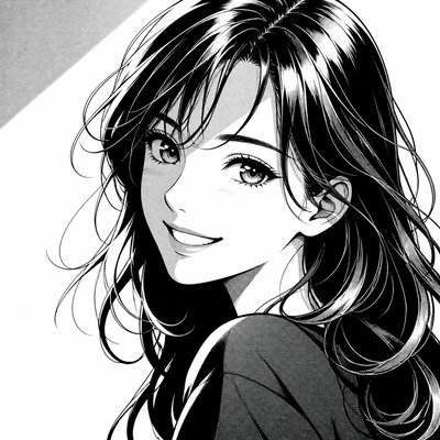 head-and-shoulders portrait of an original character: a young woman with wavy chestnut hair and a warm smile, plain soft backdrop