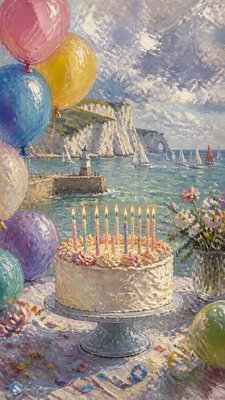 a birthday cake with lit candles surrounded by balloons and confetti, festive vertical composition, no text