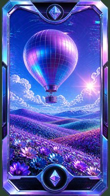 a hot air balloon drifting over rolling flower fields on a sunny day, cheerful, no text