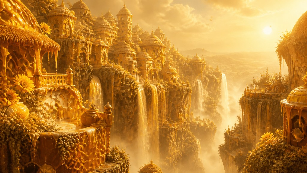 a cliffside city with waterfalls cascading into a misty canyon, wide establishing shot, no people, no text