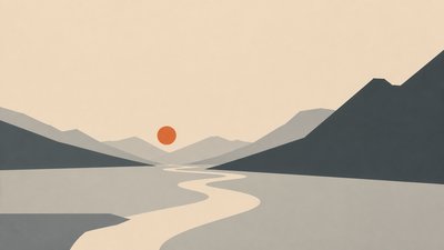 a vast valley with a river winding toward distant mountains at sunrise, no people, no text