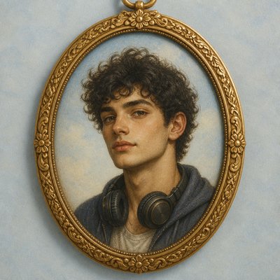 head-and-shoulders portrait of an original character: a young man with curly dark hair and headphones around his neck, plain backdrop, no text