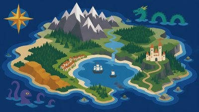 a map of an island realm with mountains, forests, a sheltered bay, sea monsters in the water and a compass rose, no text labels
