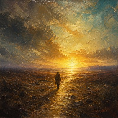 a solitary figure walking toward a glowing horizon across an empty plain, moody atmosphere, no text or lettering