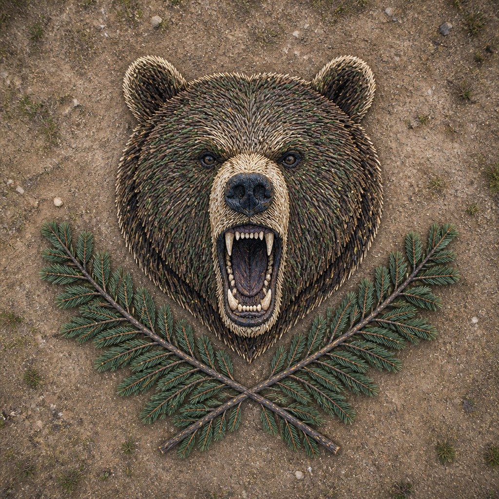 a roaring bear head above crossed pine branches, bold graphic composition on a plain background, no text