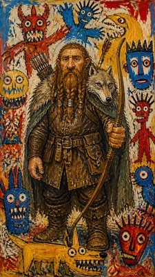 full-body original character: a dwarven ranger with a braided auburn beard, worn leather armor, a longbow and a wolf-pelt cloak, neutral background, no text