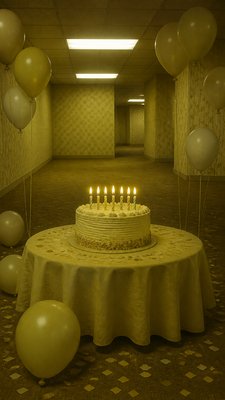 a birthday cake with lit candles surrounded by balloons and confetti, festive vertical composition, no text