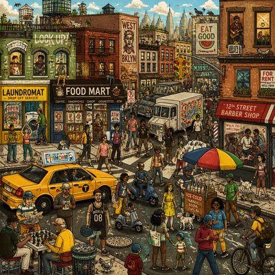 urban street with city activity — Maximal Variety Art Style
