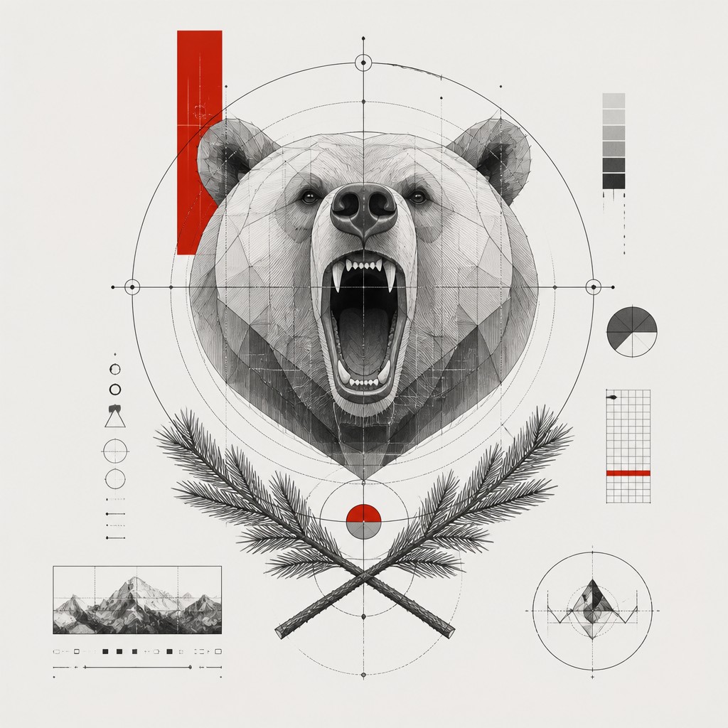 a roaring bear head above crossed pine branches, bold graphic composition on a plain background, no text