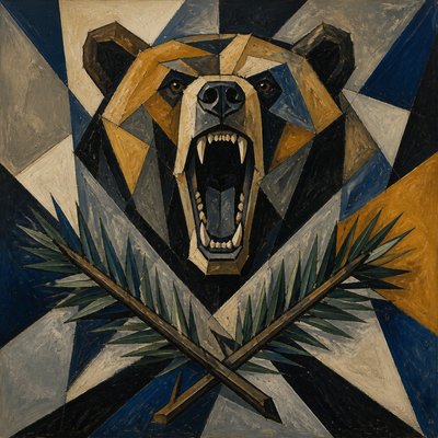a roaring bear head above crossed pine branches, bold graphic composition on a plain background, no text