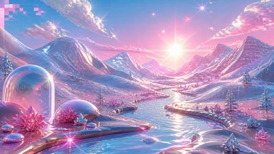 a vast valley with a river winding toward distant mountains at sunrise, no people, no text
