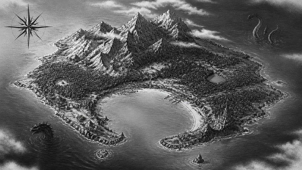 a map of an island realm with mountains, forests, a sheltered bay, sea monsters in the water and a compass rose, no text labels