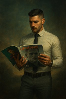 a painting of a man reading a magazine