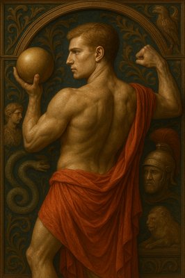 a painting of a man holding a ball