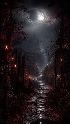 a mysterious forest path with fireflies and drifting mist, atmospheric vertical composition with open space at the top, no text