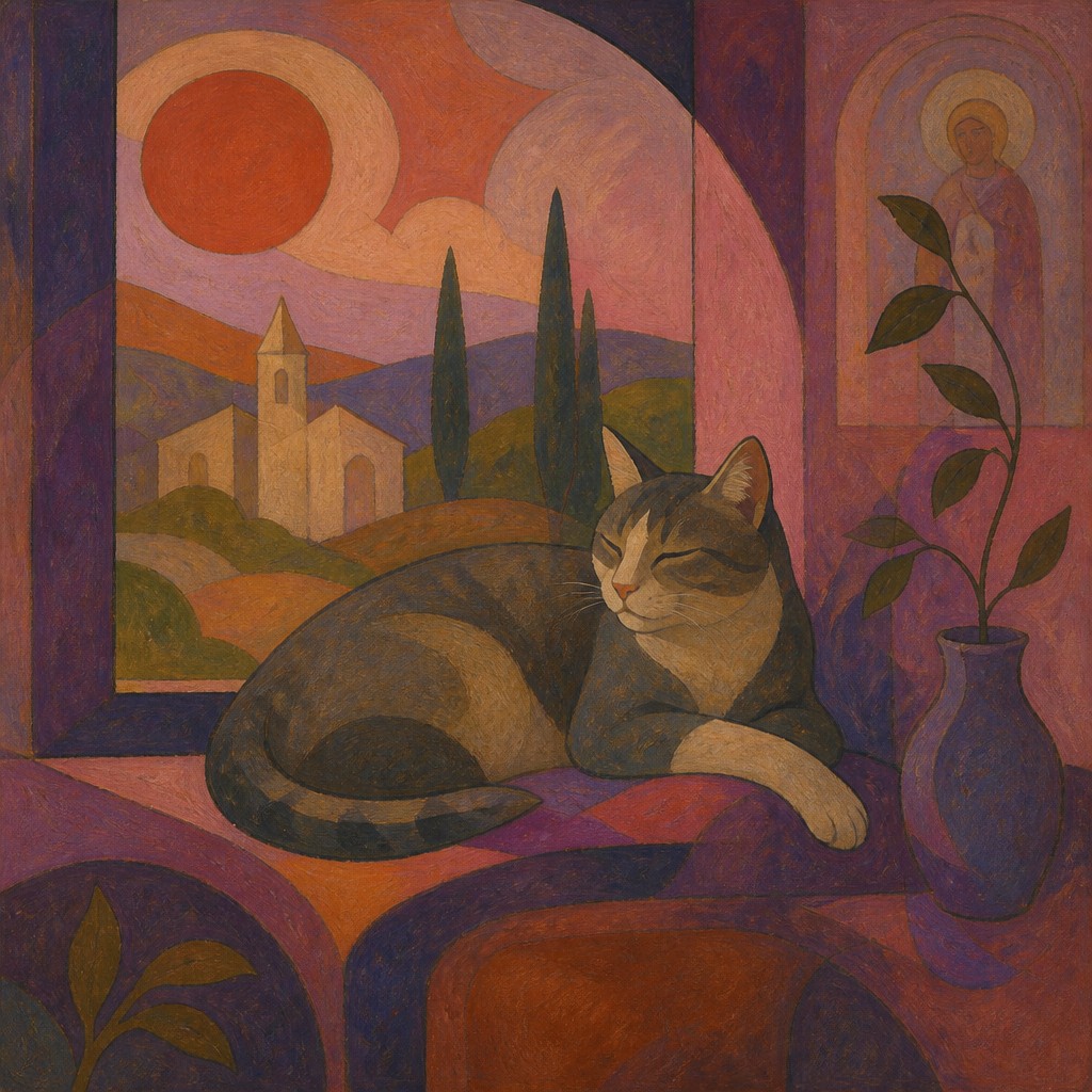 a cat lounging in a sunlit window — Synthetism Art Style