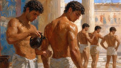 greek athletes oiling up for gymnasium exercises