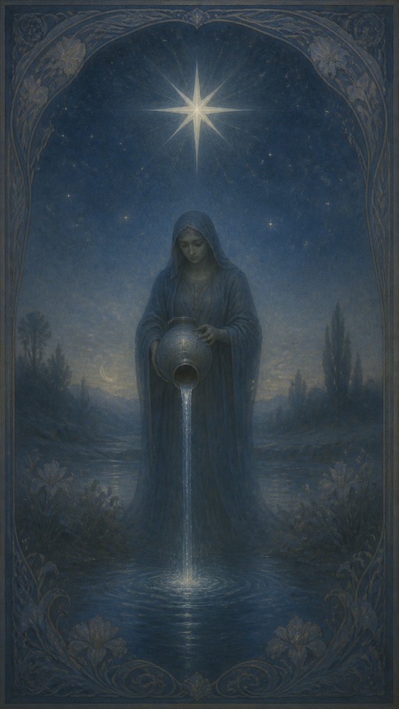 a robed figure pouring water beneath a large eight-pointed star in a night sky, symmetrical composition with an ornate decorative border, no text