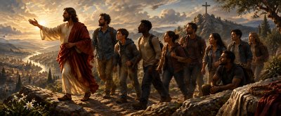 a painting of jesus leading a group of people