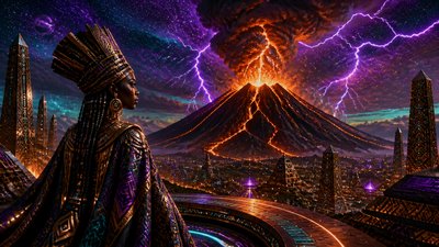 an erupting volcano with lightning strikes, dramatic wide composition, no text