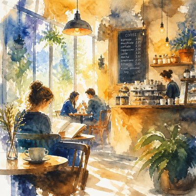cozy cafe interior with warm lighting