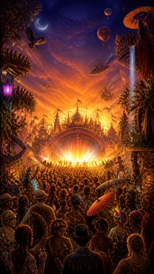 a live music scene with a glowing stage and silhouetted crowd, energetic vertical composition with open space at the top, no text