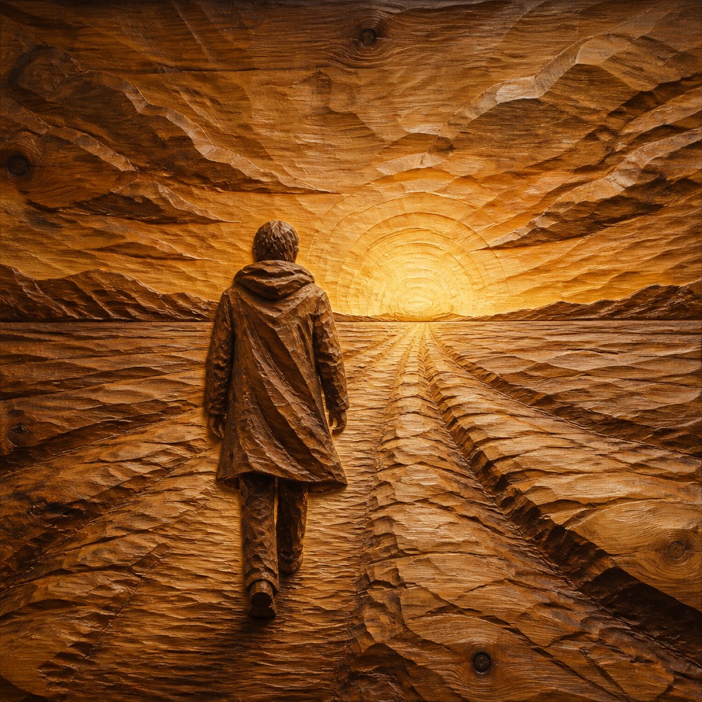 a solitary figure walking toward a glowing horizon across an empty plain, moody atmosphere, no text or lettering