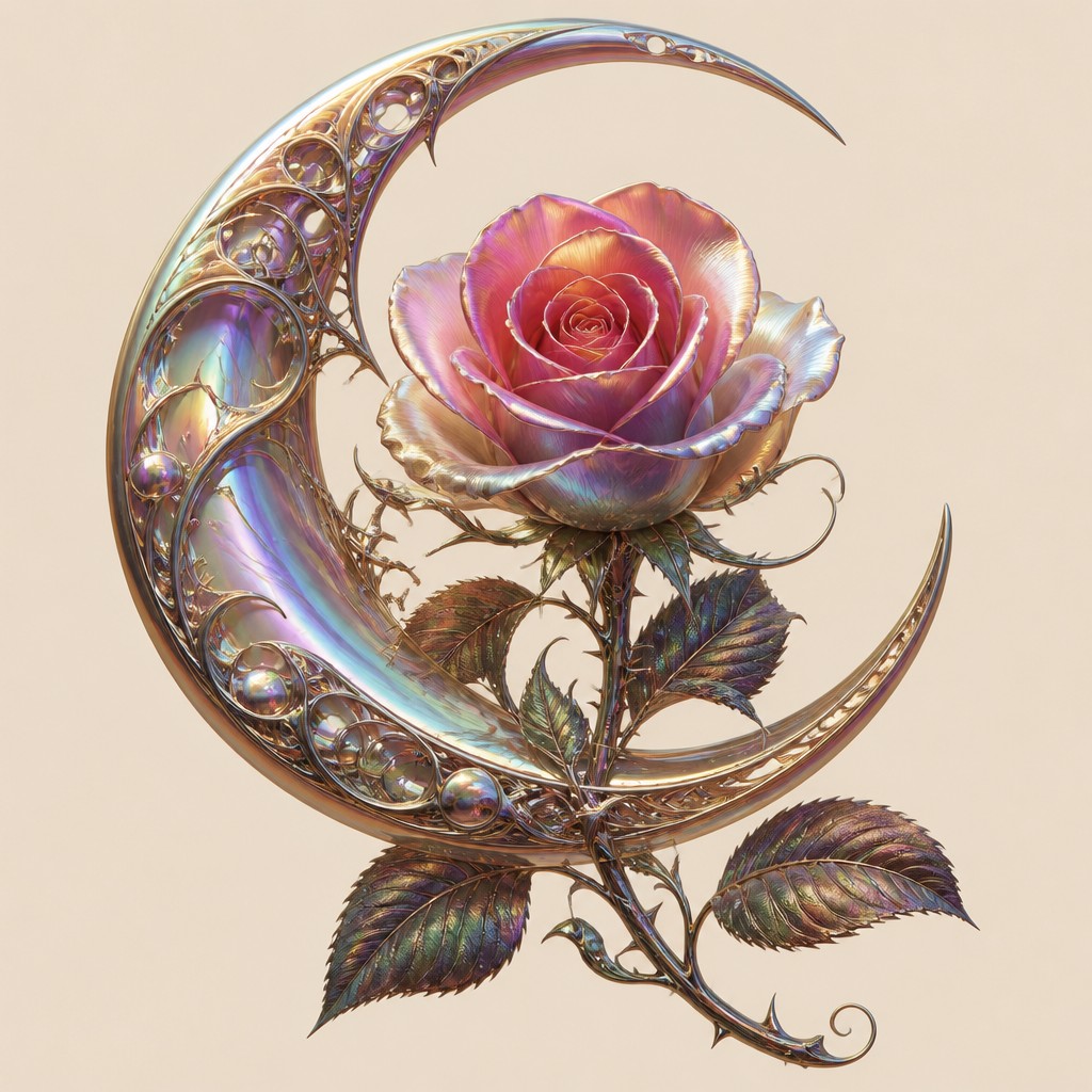 a rose entwined with a crescent moon, clean balanced composition on a plain background, no text