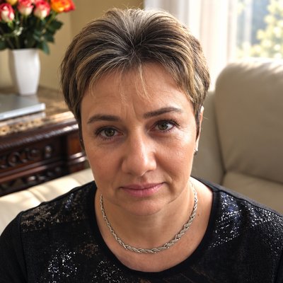 a woman with short hair wearing a necklace