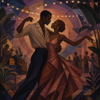an original couple dancing under string lights in a garden at dusk: a man with short black hair in a linen shirt and a woman with braided red hair in a summer dress