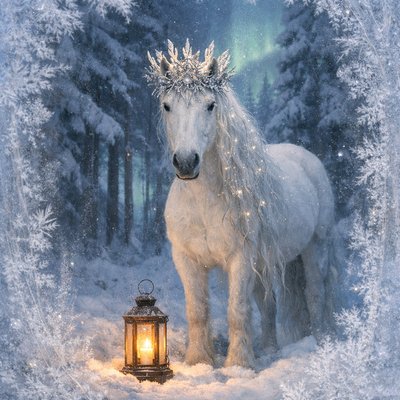 "A majestic white horse standing in a deep, snow-covered forest as a guardian of the winter solstice. The horse wears an intricate crown made of frosted silver branches and glowing quartz crystals. Fine starlight sparkles are woven into its long, flowing mane. A single vintage lantern sits on the snow at its feet, casting a warm, golden candlelight glow against the blue twilight. In the background, a faint aurora borealis dances through the trees. The style is whimsical and surreal, with a soft, painterly photographic quality—prioritizing quiet magic over loud spectacle."