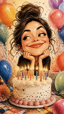 a birthday cake with lit candles surrounded by balloons and confetti, festive vertical composition, no text