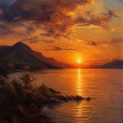a dramatic sunset over calm water with silhouetted hills