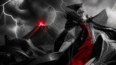 an erupting volcano with lightning strikes, dramatic wide composition, no text