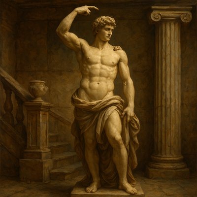 a painting of a man standing next to a stair case