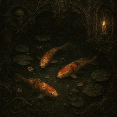 A koi pond seen from above, orange and white koi fish swimming among lily pads, clear water with subtle ripples, fallen cherry blossom petals floating on the surface, dappled sunlight