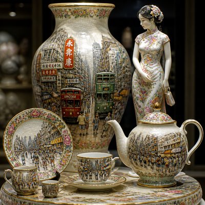 urban street with city activity — Porcelain Art Style