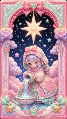 a robed figure pouring water beneath a large eight-pointed star in a night sky, symmetrical composition with an ornate decorative border, no text