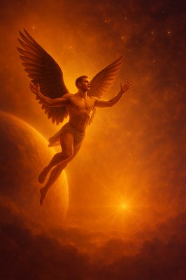 a painting of a man with wings flying in the sky